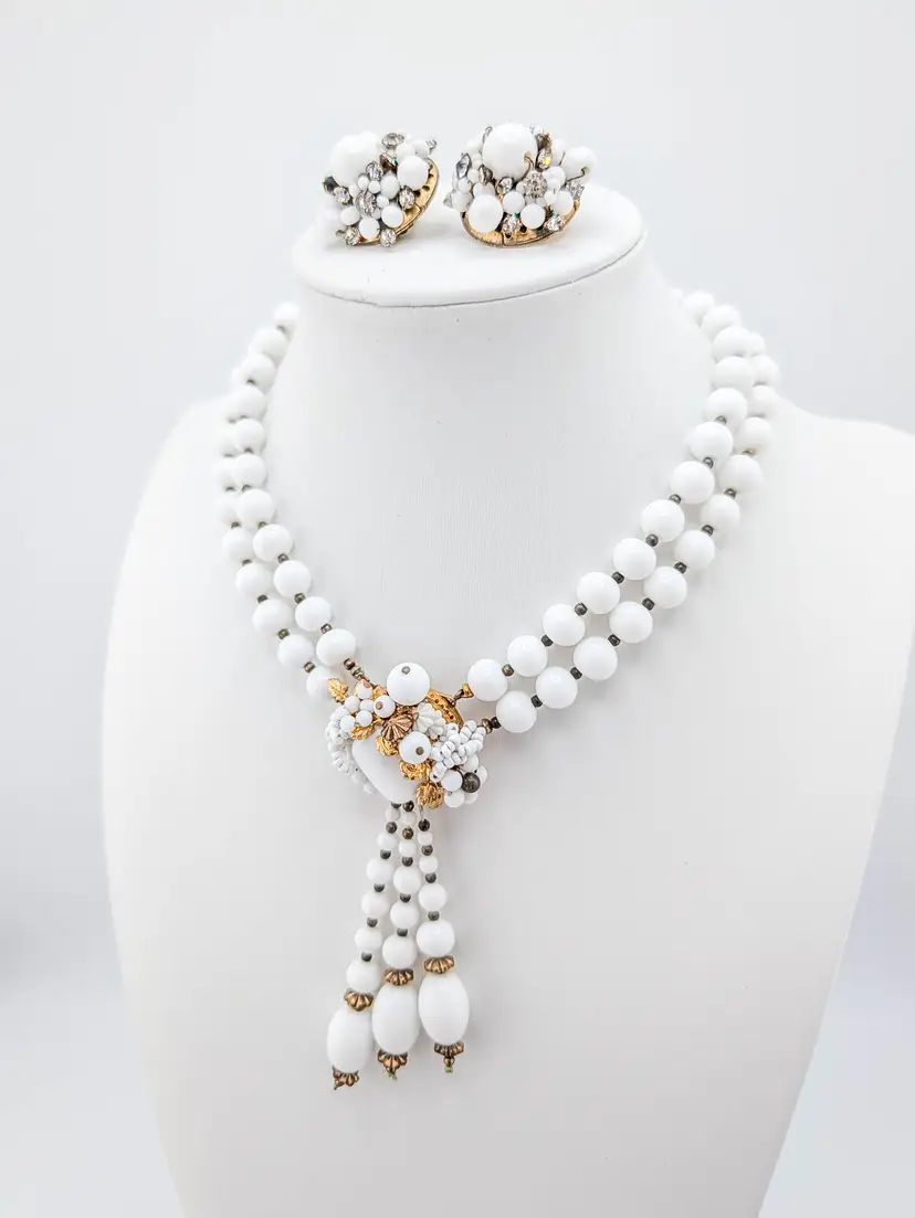 Vintage Mid Century JONNE Demi Parure Milk Glass Choker Necklace and Earrings