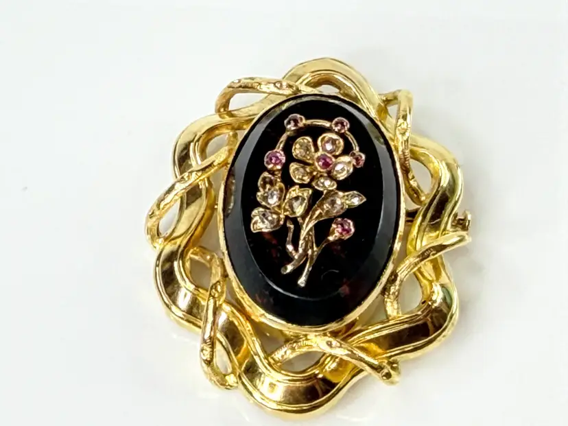 Antique 15K yellow Bloodstone Ruby Rose Cut Diamond Floral Brooch 15g 2" JR2185