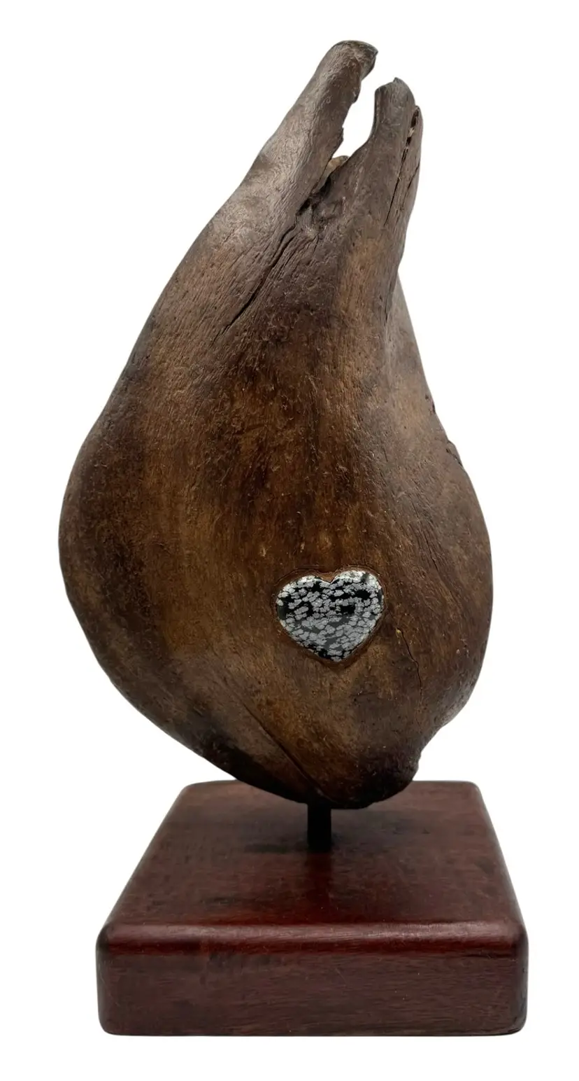Driftwood Burl Wood Sculpture on Base Abstract Snowflake Obsidian Heart 13.5”