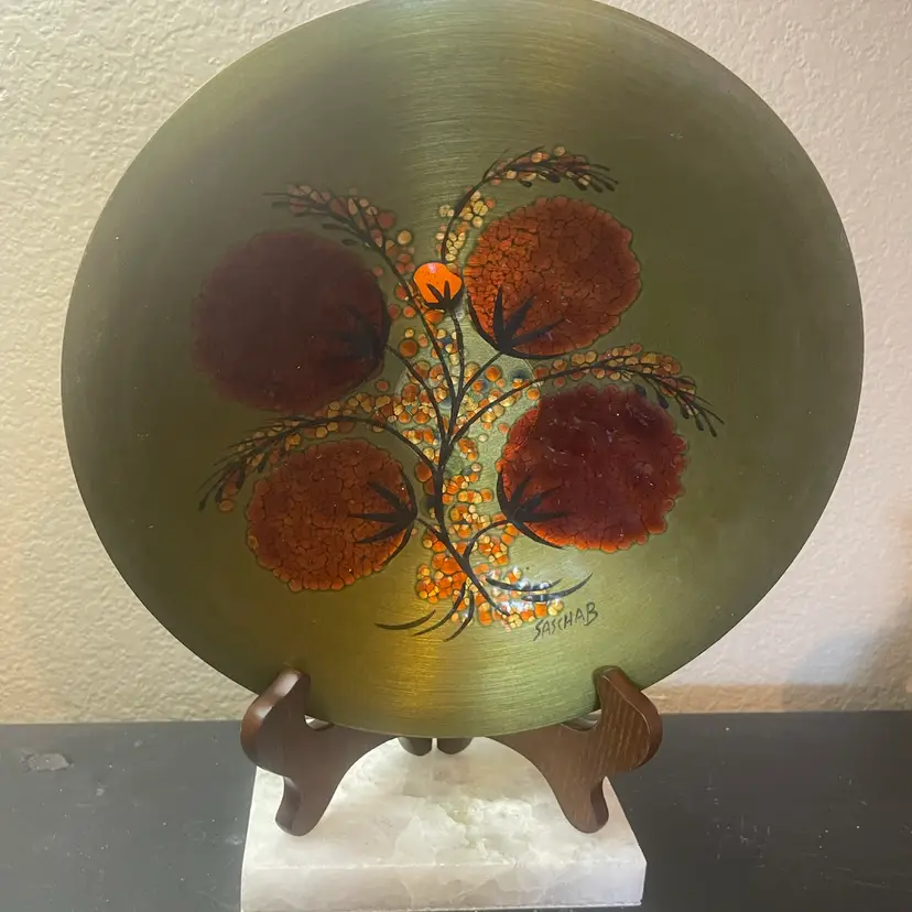 MCM Signed Sascha Brastoff 10” Copper On Enamel Pedestal Platter