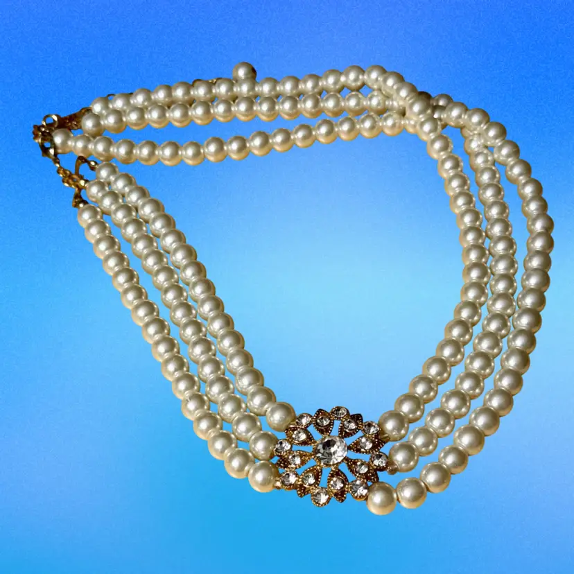 Vintage Faux Pearl Triple Strand Goldtone Necklace w Rhinestone Side Pendant