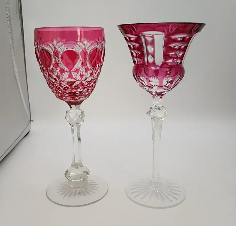 2 Bohemian Stem Wine Goblets ~ Cut to Clear Ruby Crystal ~ Barware Glasses