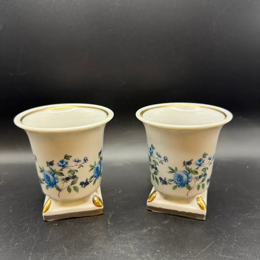 Vintage Japanese Porcelain Blue Rose And Gold Trim Urns - Set Of 2