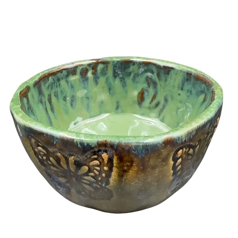 Art Studio Handmade Pinch Pot Vessel With Butterflies And Bird Green And Color Outside Is Brownish Green. Made By Me, Traci Brown Vintage Angel.