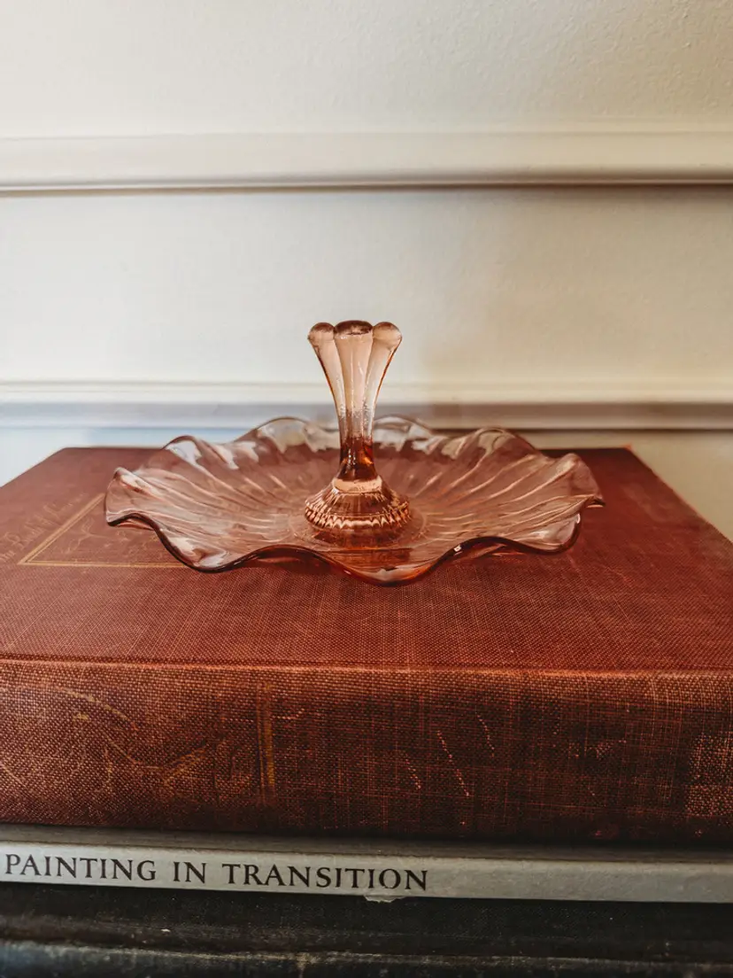 Anchor Hocking Pink Depression Glass Center Handled Ruffled Tidbit Dish