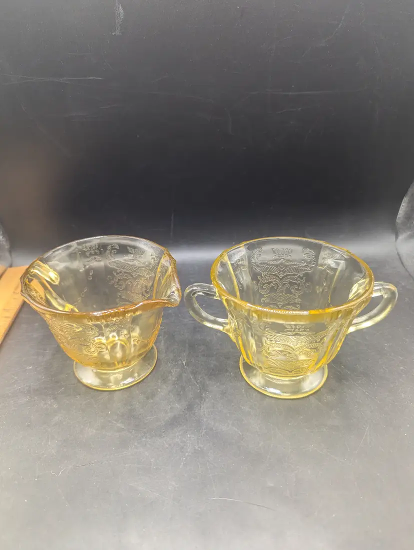 Vintage Federal Glass Madrid Amber Depression Glass Sugar and Creamer Set.