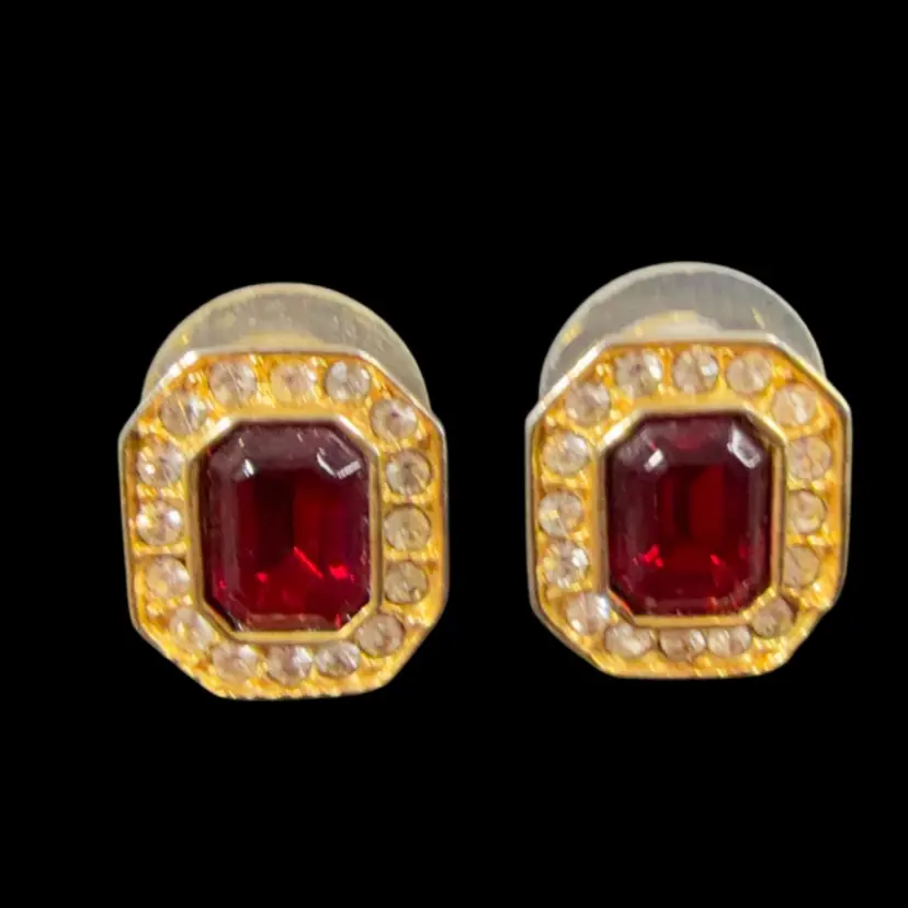 Roman Gold Tone with Red Stone Post Earrings 0.5”