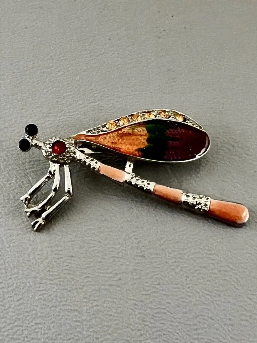 Dragonfly Brooch Enamel Rhinestone Silver Tone Orange Green Costume Jewelry