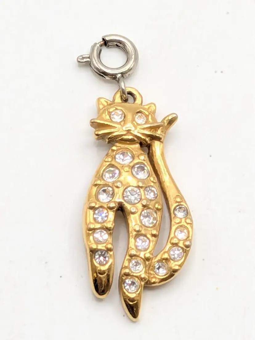 Vintage Avon Gold Tone Rhinestone Cat Pendant Charm