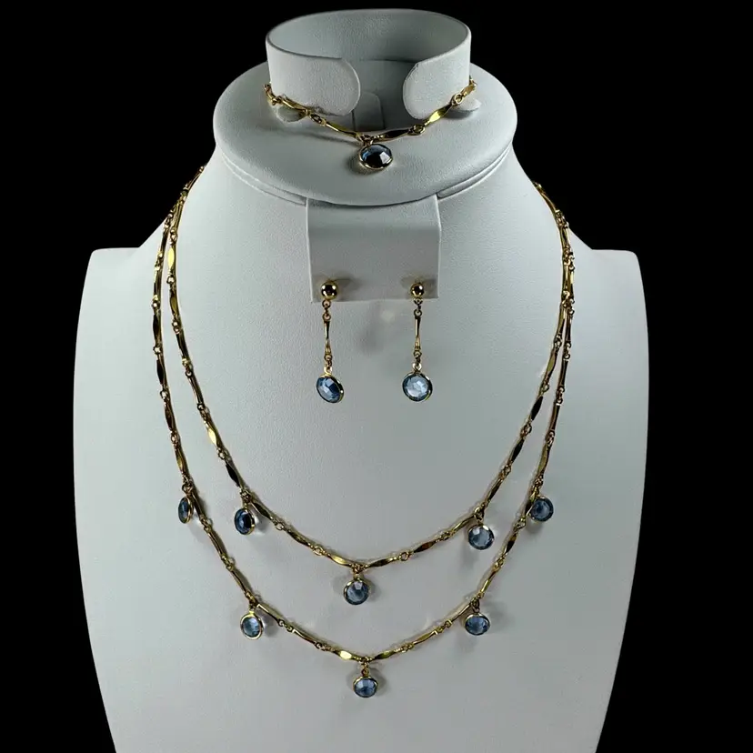 3pc Avante Jewelry Upcycled DAINTY Set Necklace Earrings Bracelet Blue Gold Tone