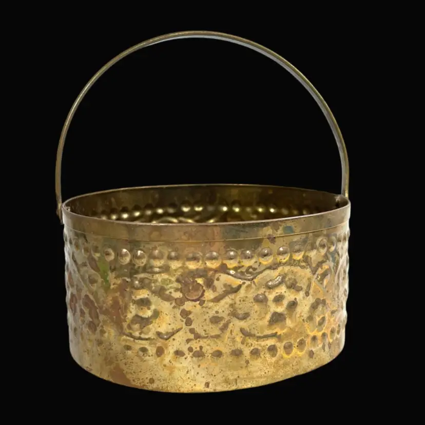Brass Bucket Planter / Basket with Hinged Handle. Beaded Floral & Vine Embossed. Made in India Sticker On Bottom.