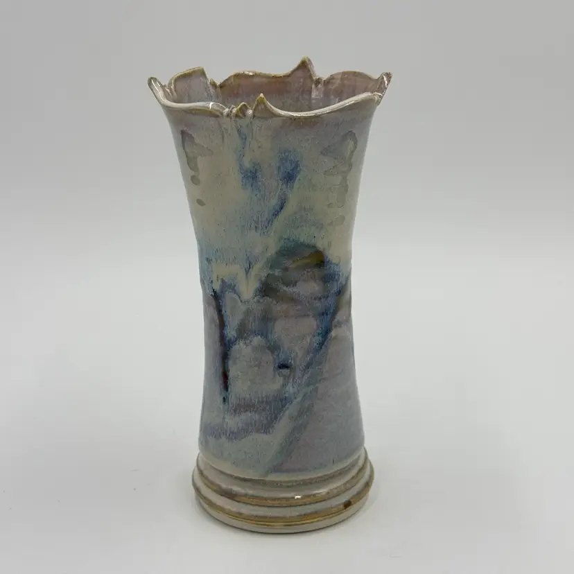 Studio Art Pottery Vase Flared Scallop Rim Lavender Blue Beige Drip Glaze Signed