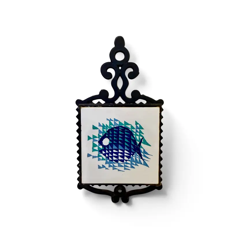 Vintage Cast Iron and Tile Trivet with Fish Motif Mid Century Modern