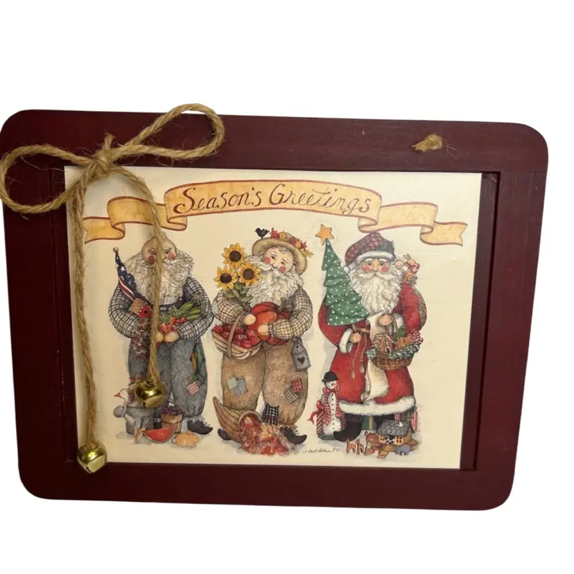 Signed Wooden “Season’s Greetings” Santa’s 8 1/2x6 1/2