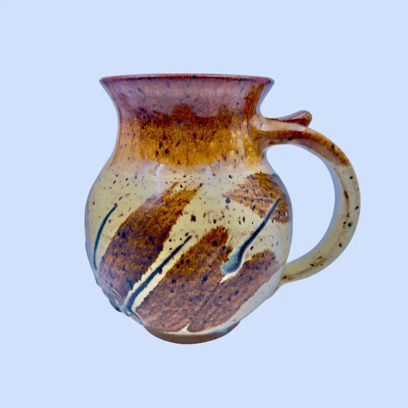#253- Pottery Coffee Mug Stoneware Melon Shaped Cup Signed ETUS 15 Yusuf Etudaiye