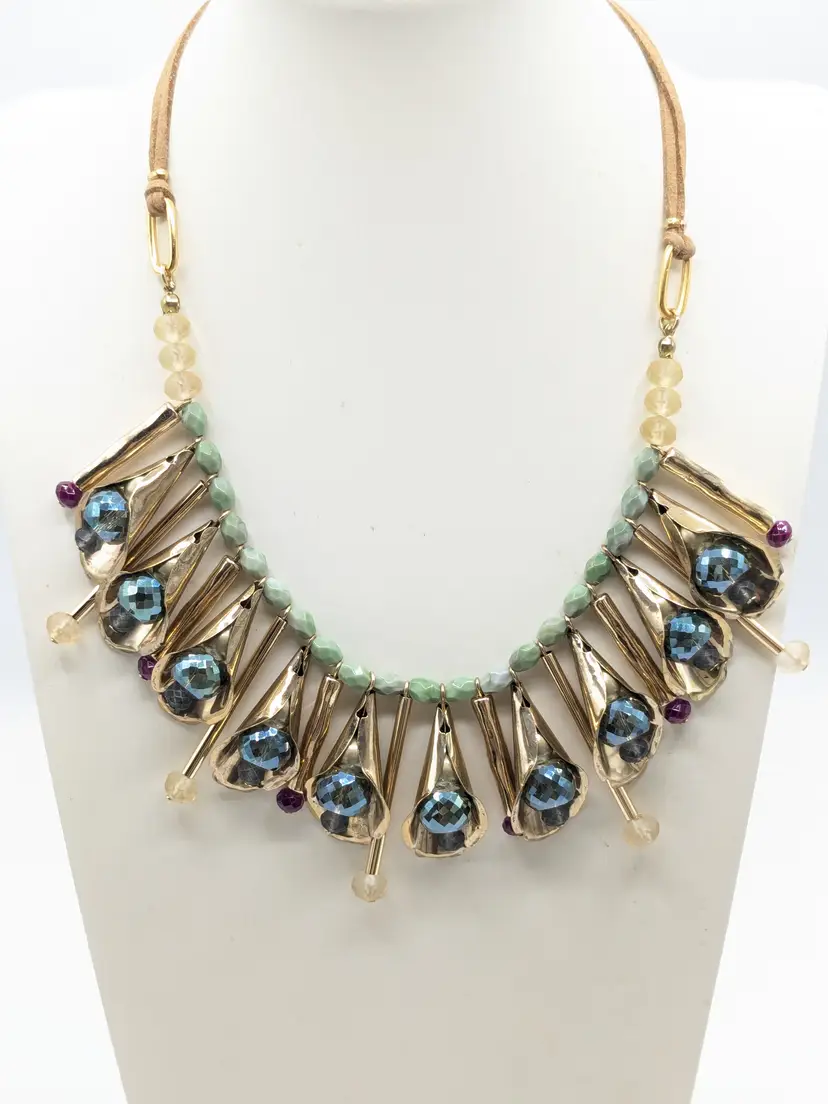 Gold Tone Blue Glass Calla Lily Shape Teal Beaded Necklace NWOT