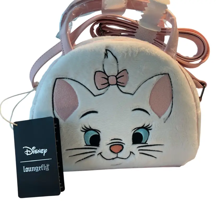 Loungefly Disney The Aristocats Marie Dome Crossbody Bag with embroidered facial details and a pink bow