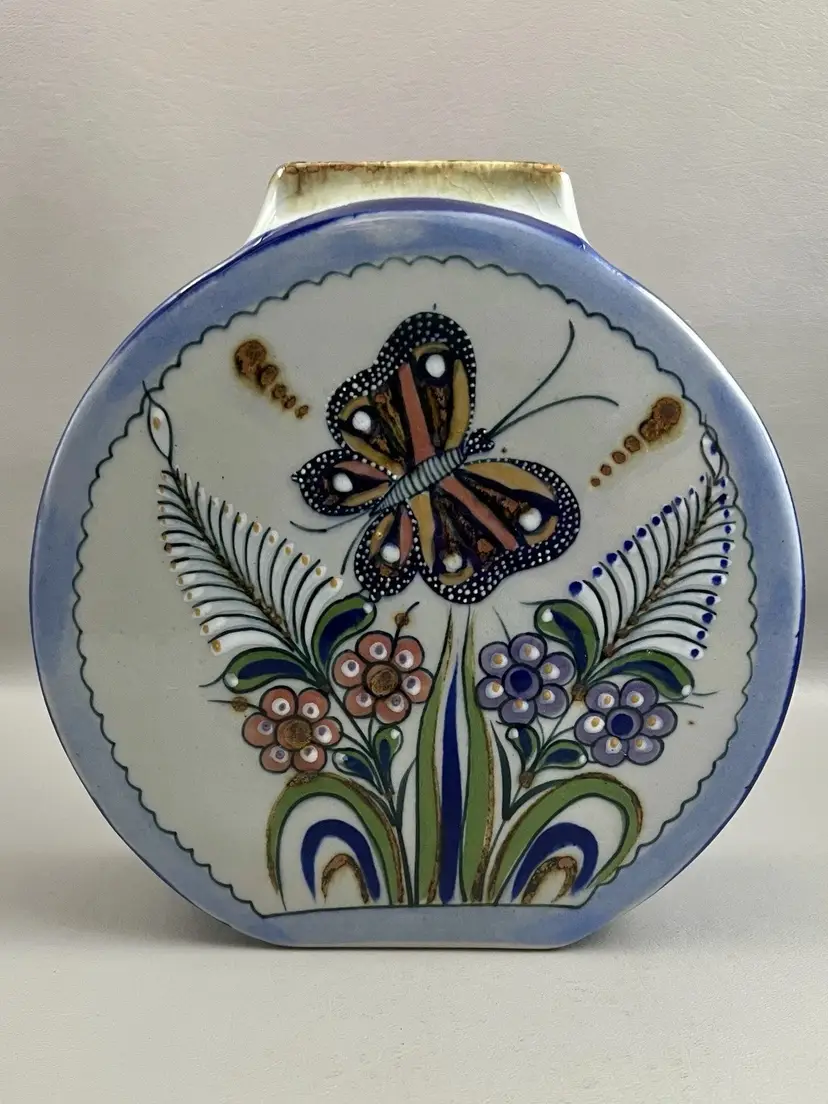 Vintage Erandi Mexico Tonala Style Pottery Vase Butterfly Floral Folk Art 8"