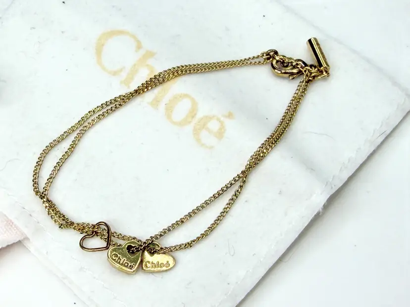 See by Chloé Gold Tone Double Chain Heart Charm Bracelet 6 1/4" GS849