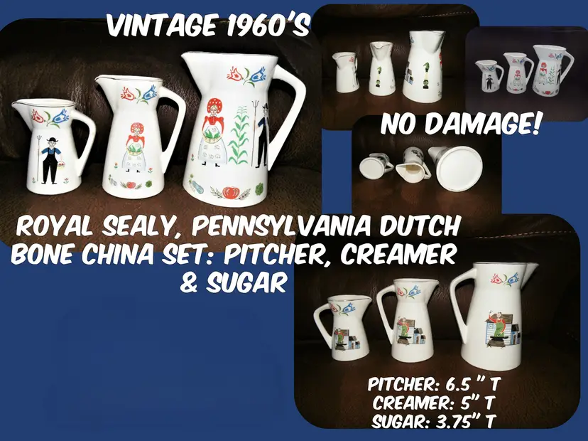 Vintage Royal Sealy Pennsylvania Dutch Folk Art Trio Vintage Ceramic Pitcher Set