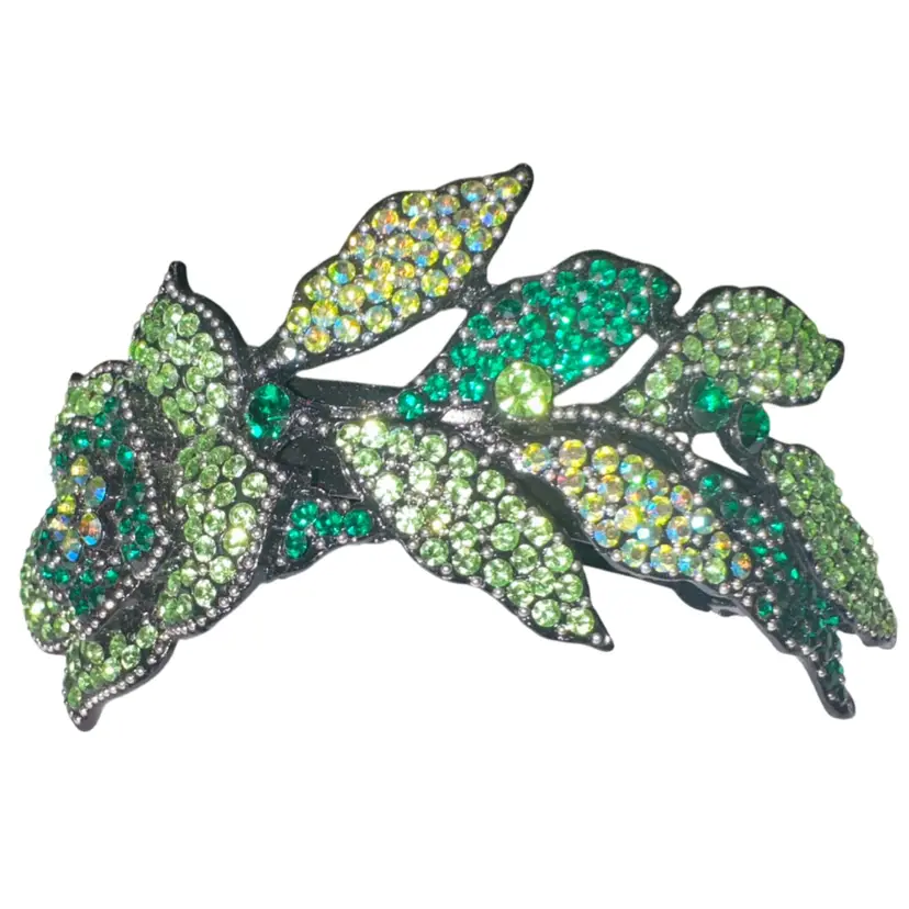 Gunmetal Tone Crystal Rhinestone Floral & Leaf Hair Barrette