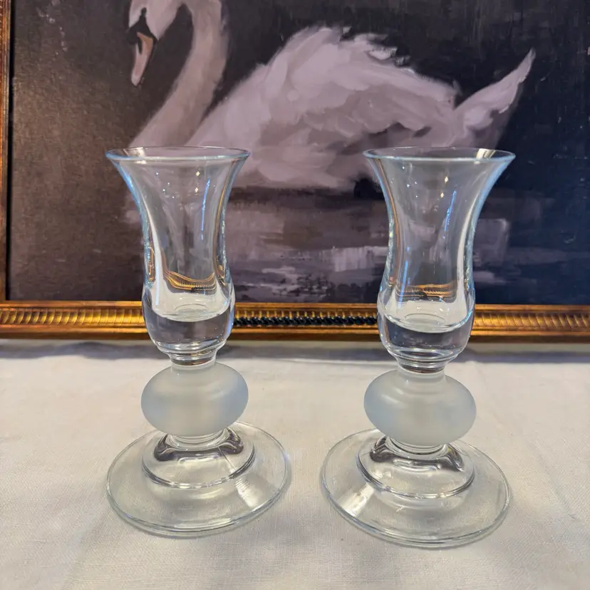 Vintage Pair Circle Brand Style Glass Candlestick Holders Frosted Ball Stem Clear Glass