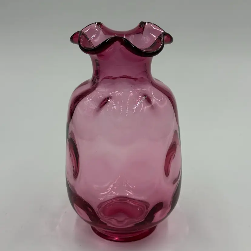 Fenton Cranberry Glass Vintage Vase Optic Coin Dot Thumbprint Ruffled Rim