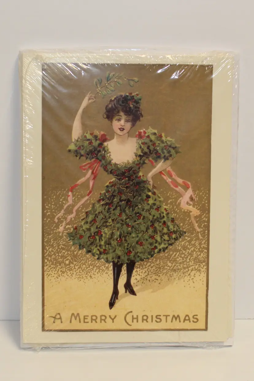 Sealed package of 10 Victorian Trading Company 'A Merry Christmas' Lady in Holly Dress Holiday Cards and Envelopes - Unused