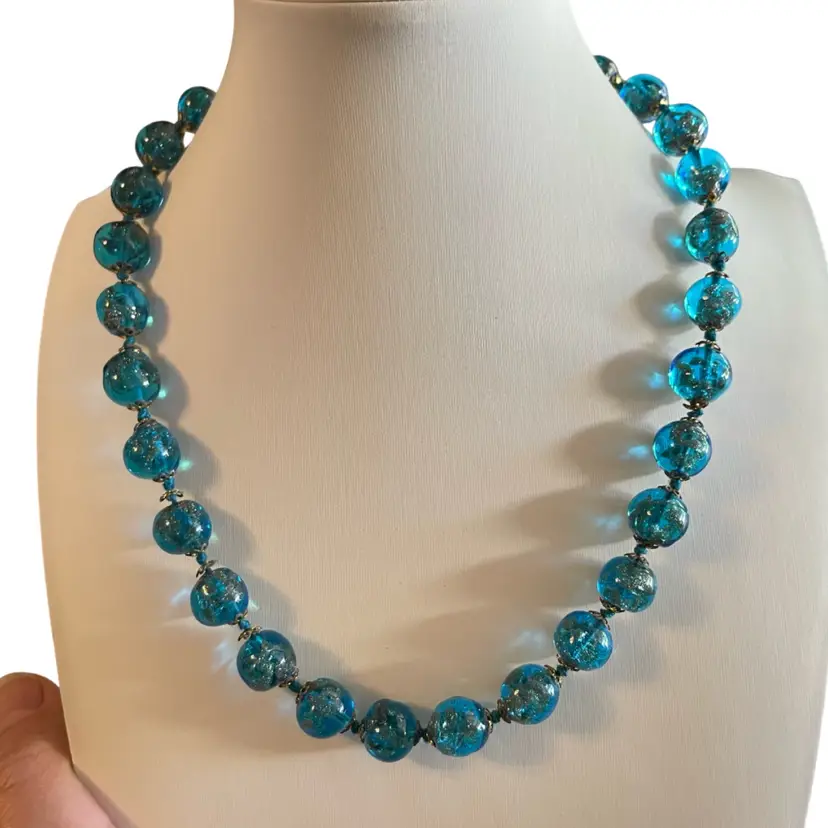 #11 - Vintage Venetian turquoise art glass foil bead necklace Hand Knotted with metal spacers 18”