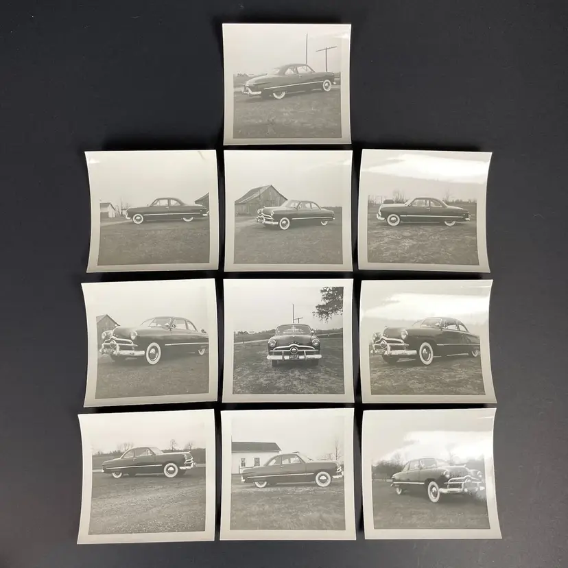 1949 "Shoebox" Model Ford Coupe Classic Car Ohio Plate 1:1 B&W Lot of 10 Vintage 50s Photographs 3.5x3.5"