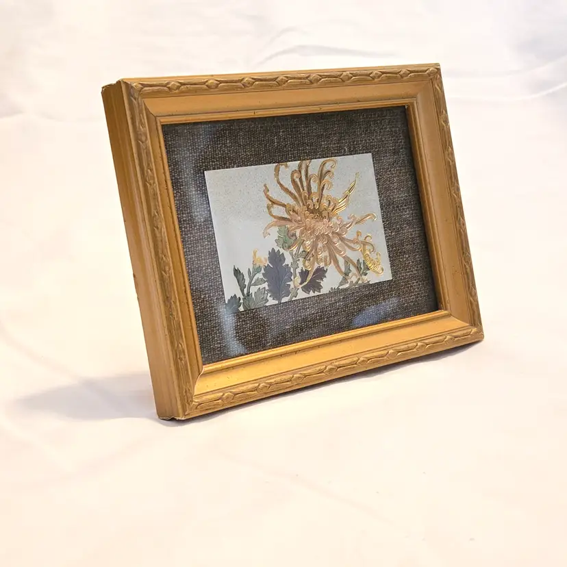 Wood Framed Japanese Made Engraved Mixed Metal Picture on Fabric 5½"×4⅜" Vintage