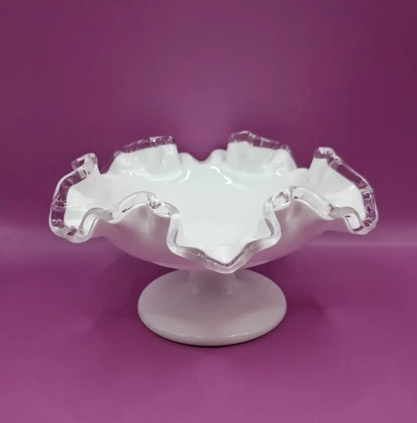 Vintage Fenton Silver Crest White Milk Glass Footed Compote 7"