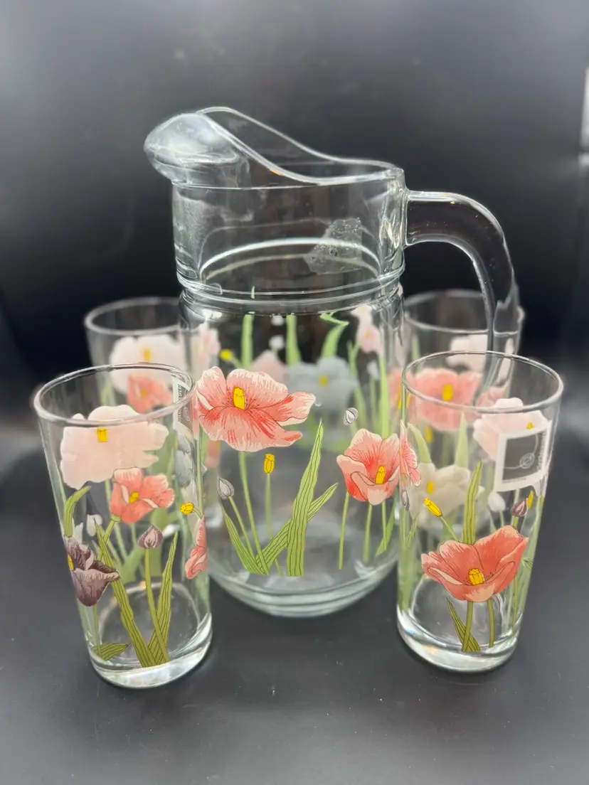 Vintage Circleware Pitcher And 4 Drinking Glasses - Set