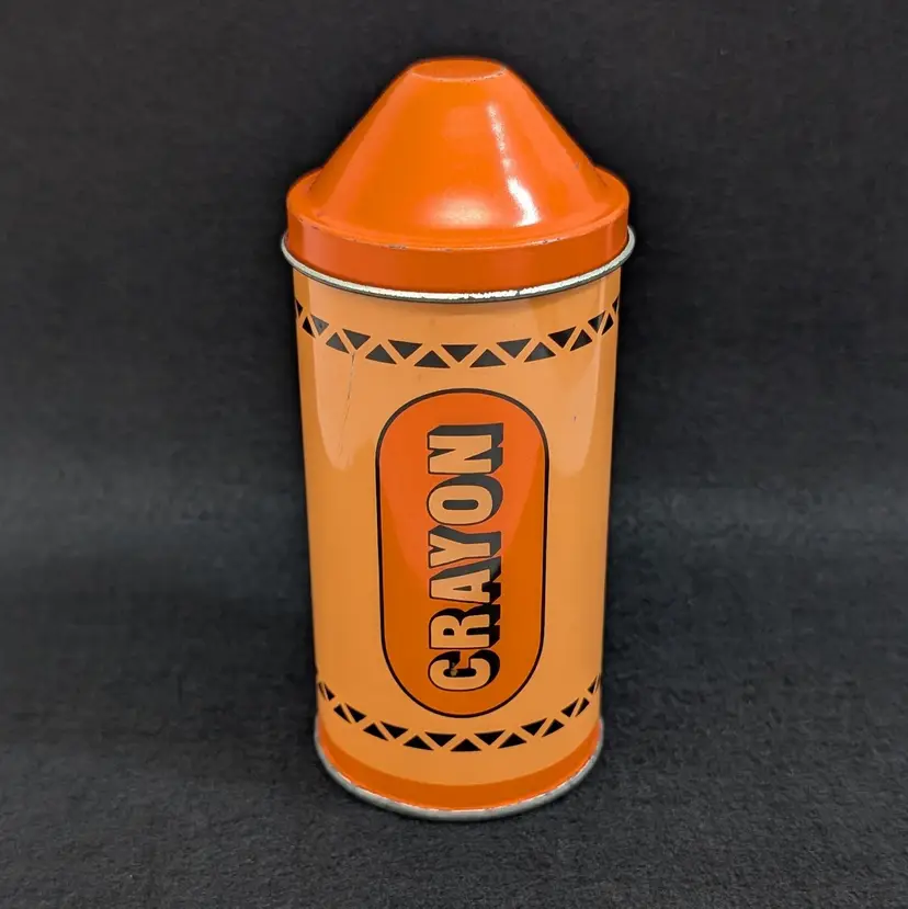 Vintage Orange Crayon Metal Tin Crayon Holder Storage Made in Japan 5"