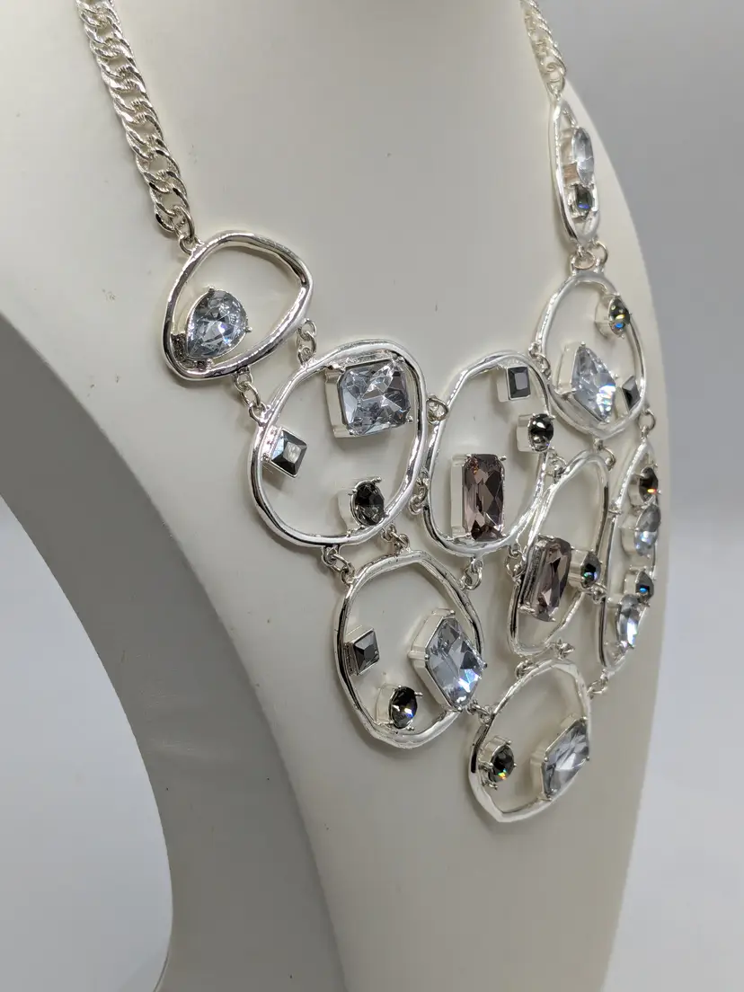 Chunky Silver Tone Geometric Statement Rhinestone Necklace NWOT