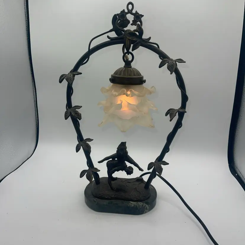 Vintage Bronze 1980s Andrea By Sadek Lamp Frosted Glass Flower Dancing Kids