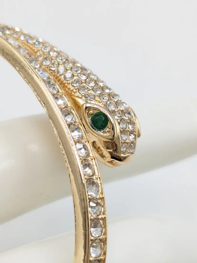 Gold Tone Rhinestone Snake Bypass Hinged Bracelet Green Eyes NWOT