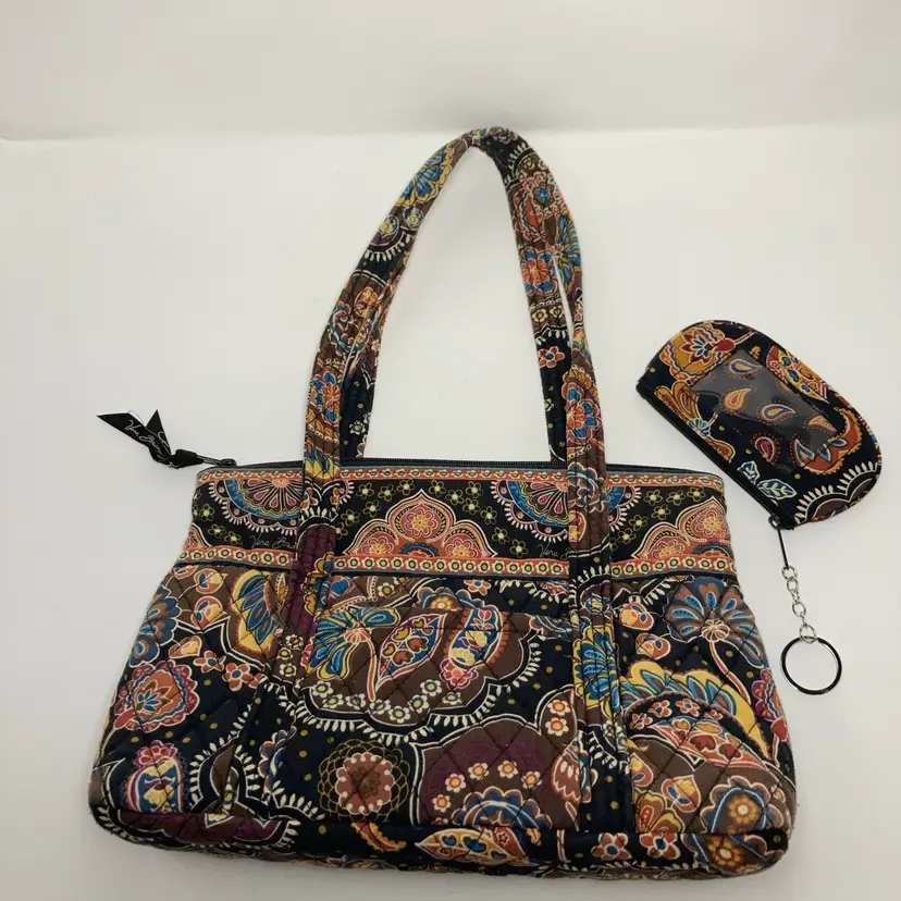 Vera Bradley Set! 11”x8” Bag 3”x5” ID Zip Coin Purse Keychain! Machine Washable!