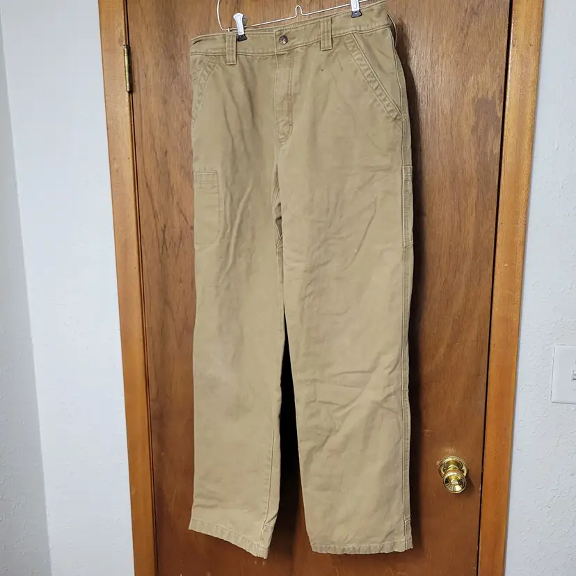 LL Bean Katahdin Iron Works Flannel Lined Canvas Pants Mens 32x34 Khaki Tan