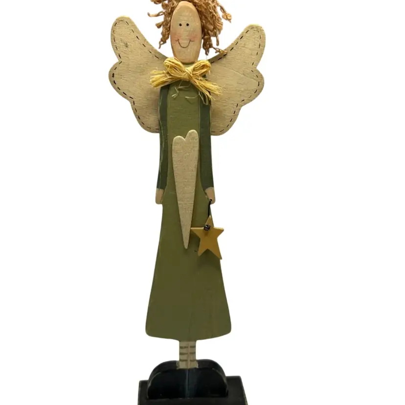 Hand Crafted Wooden Angel Decor Yarned Hair 11” Tall