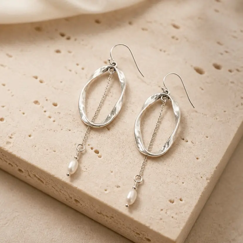 Silver Oval Drop Earrings With Pearl Accent -Silver