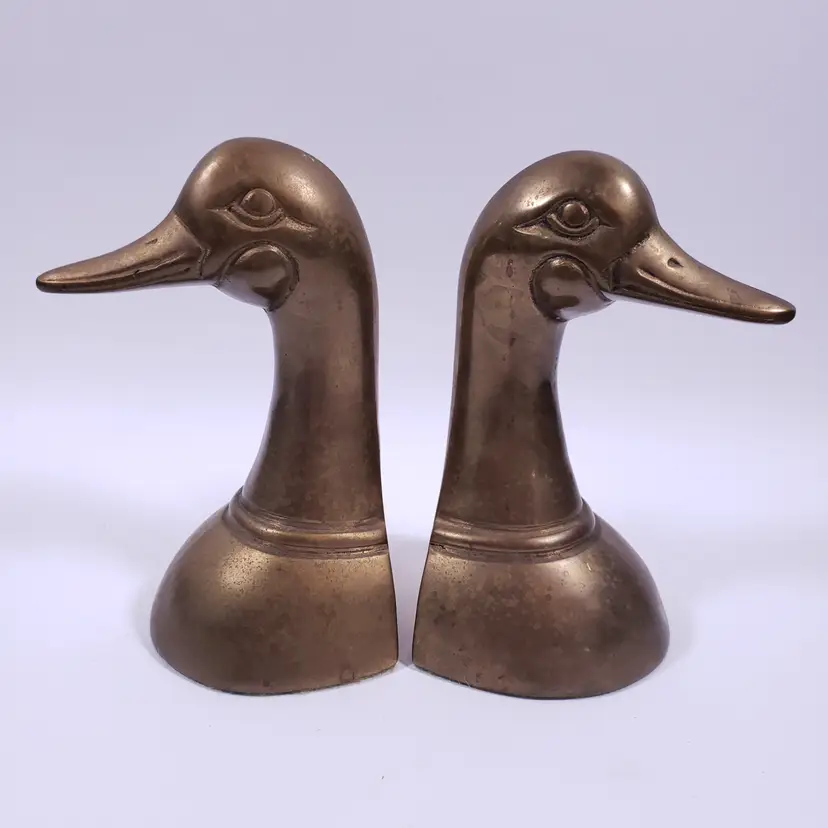Vtg MCM Solid Brass Mallard Duck Head Metal Shelf Desk Decor Heavy BOOKENDS SET