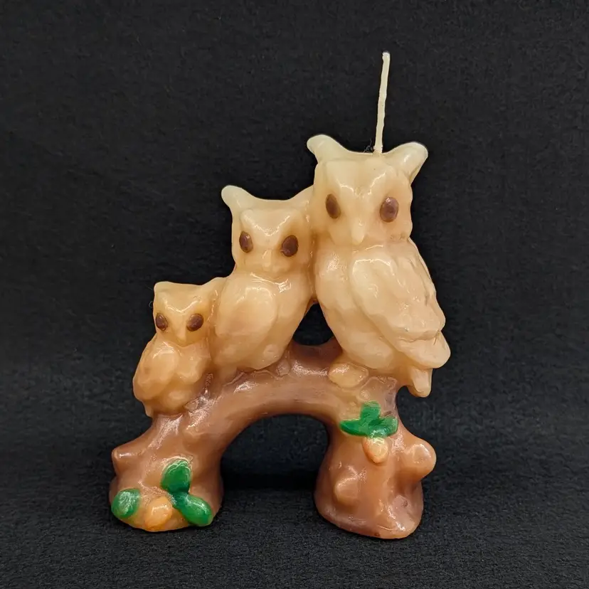 Vintage Molded Wax Owl Figurine Candle Three Owls on Branch Bird Decor