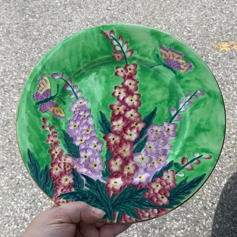 Majolica Maling Butterfly and Delphinium Flower Plate Circa 1930s