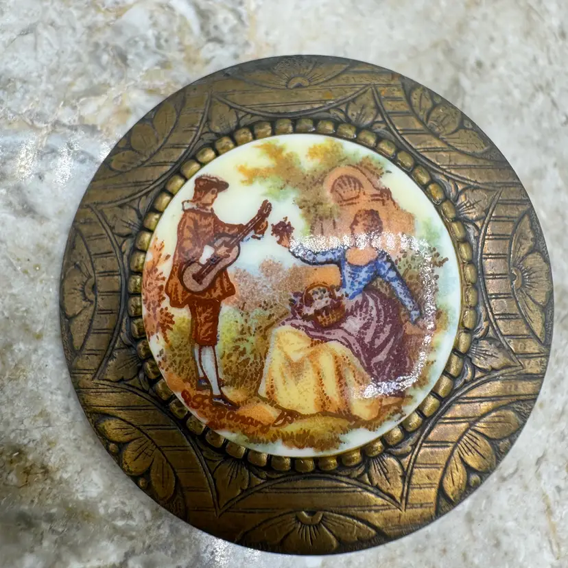 Vintage Bronze Tone Plastic/Lucite Ornate Round Sash Buckle Scarf Slide – Romantic Serenade - UV Glow