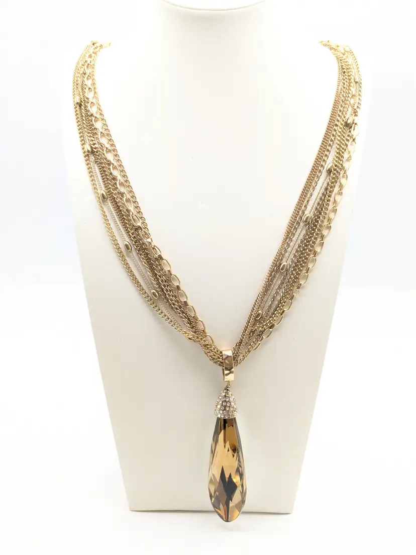 1946 Faceted Champagne Color Crystal Pendant Gold Tone Multi Strand Necklace