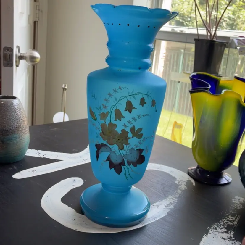 Blue Opaline Satin Bristol Glass Vase 12.5” Tall 4” Wide