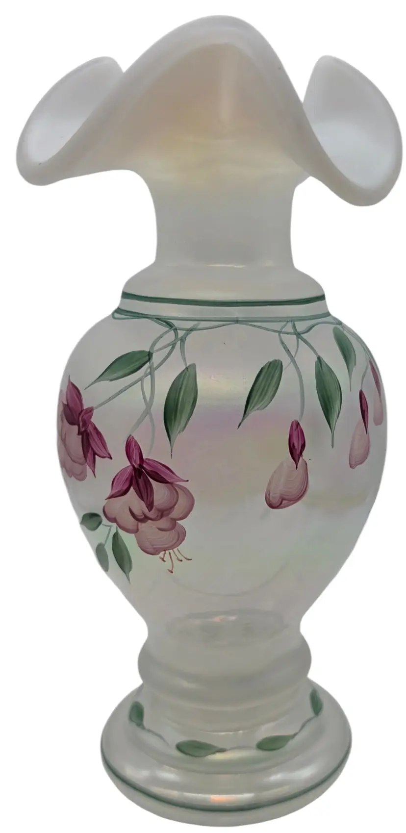 FENTON IRIDISED OPAL FUCHSIA DECORATED VASE SIGNED NUMBERED
