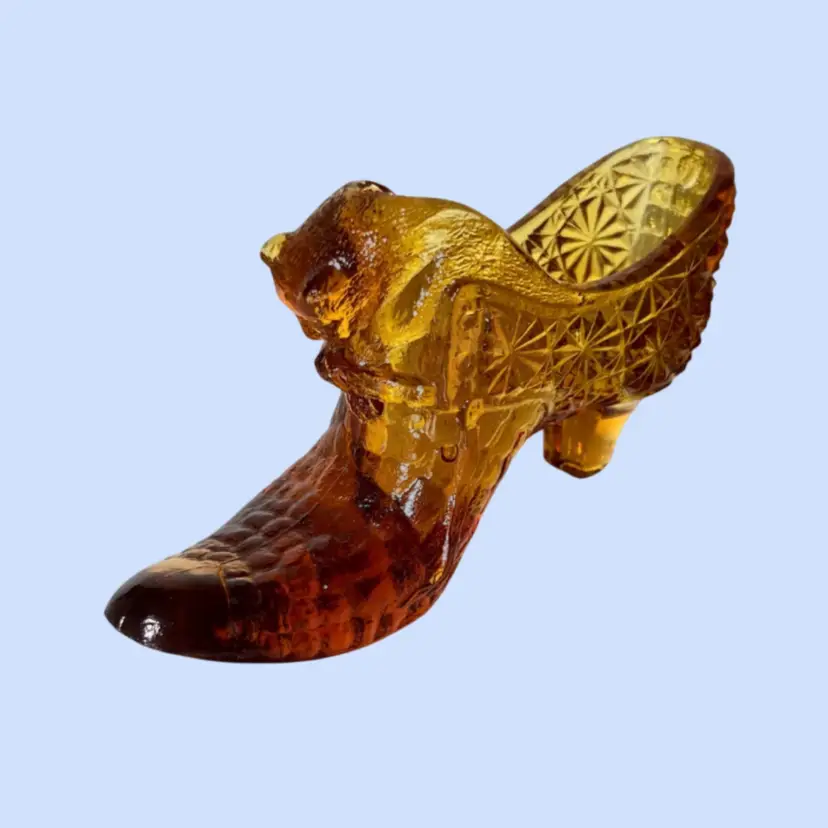 #395- Vintage Fenton Slipper Shoe Cat Trinket Dish Ashtray Match Holder Hobnail Amber Glass Daisy and Button