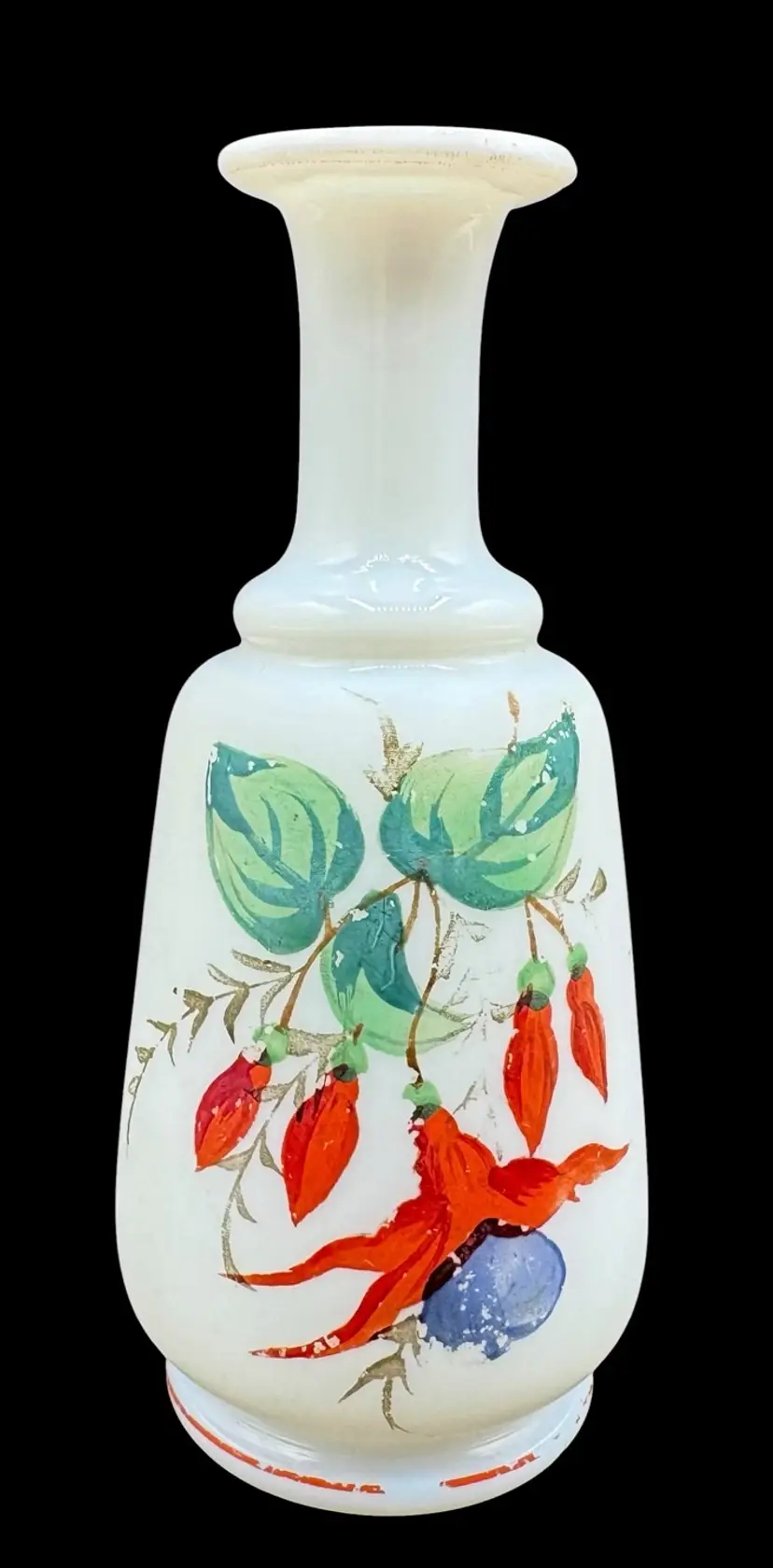 Vintage Victorian Opaline Bristol Glass Small Bottle Vase Fuchsia Flower 4.25”